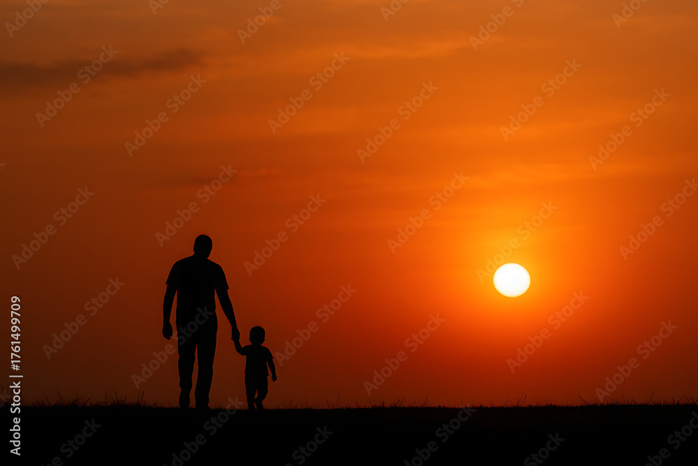 Fototapeta premium Father and child walking hand in hand at sunset, silhouette symbolizing love and family bond