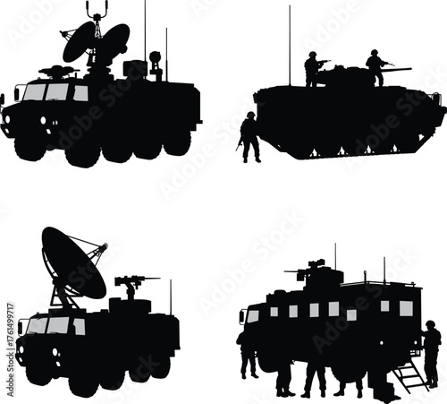 Military vehicles silhouette set, radar truck, armored tank, communication vehicle, soldier teamwork, tactical transport, battlefield support, army equipment illustration, defense concept vector art