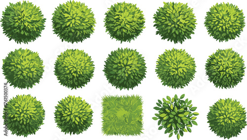 Green top view bush collection, landscape foliage design, garden plant texture, nature element set, CAD drawing flat vector illustration, background design