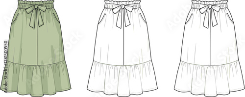 High waist skirt, ruffle hem, bow tie waistband, side pockets, fashion flat sketch, cad drawing, vector template, sewing pattern
