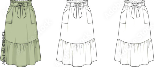 High waist skirt, ruffle hem, bow tie detail, patch pockets, fashion flat sketch, cad drawing, vector template, sewing pattern