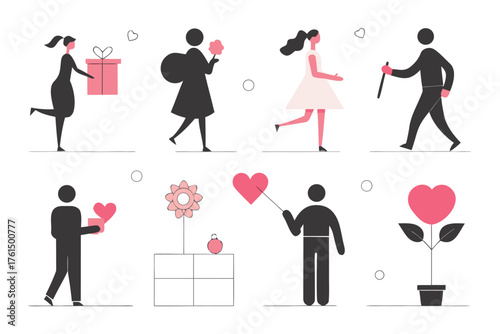 Silhouette vector bundle grid layout featuring people with gifts and flowers for design projects
