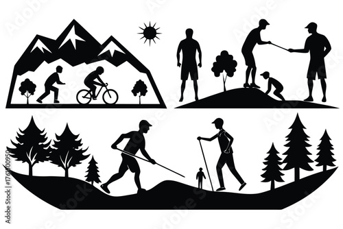 Outdoor adventure silhouette vector bundle featuring hiking cycling and mountain scenes scalable eps