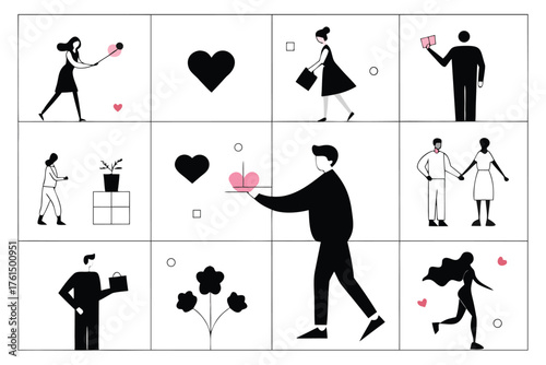 Romantic silhouette vector bundle grid layout illustrations for valentine's day and love themes