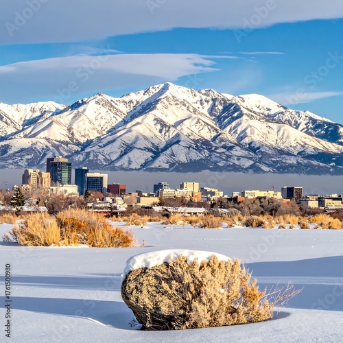 A wintry landscape showcases a snowy foreground featuring a prominent rock. Distant city meets snow-capped mountain backdrop under bright blue skies