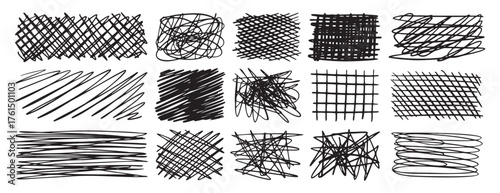 Hatch scribble element, hatching textured cross lines doodles. Pencil elements, sketch line texture, hand drawn scrawl rectangle collection
