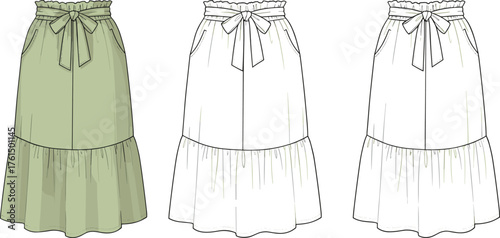 High waist skirt, tiered ruffle hem, bow tie waistband, side pockets, fashion flat sketch, cad drawing, vector template, sewing pattern