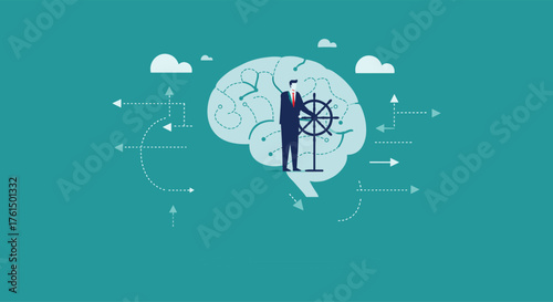 Businessmen on paper planes flying upwards with telescope, symbolizing growth, leadership,