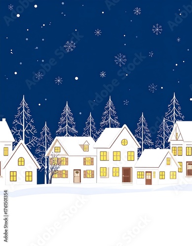 A wintry scene features a snowy village under a dark, star-filled sky. White houses with lit windows are set against snow-covered ground