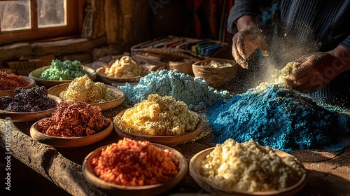 Fototapeta Naklejka Na Ścianę i Meble -  Vibrant Spices and Powders on Wooden Table in Artisan Workshop
