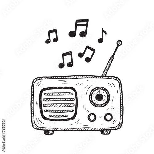 Cute hand-drawn retro radio doodle with musical notes. Simple black and white sketch illustration of a vintage music player. Isolated communication and entertainment icon.
