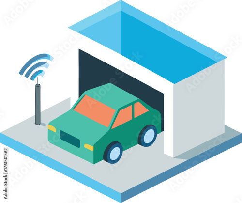Isometric illustration of an autonomous electric car entering a smart garage vector eps