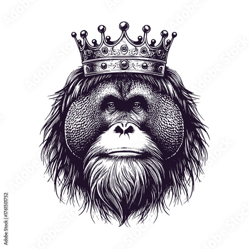 orangutan wearing a crown black and white illustration