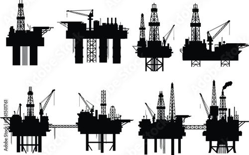 Offshore oil platform silhouettes, drilling rigs, energy infrastructure, industrial design, ocean extraction, crane towers, derrick structures, petroleum engineering, marine architecture,