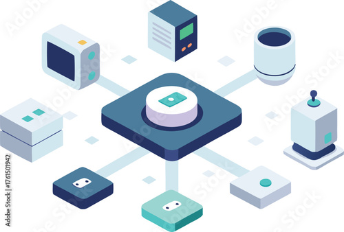 Isometric vector illustration of a compact desktop ai hub connecting various devices