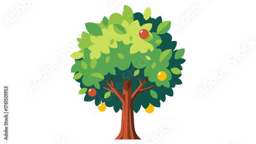 Cartoon apple tree with green leaves and ripe fruits flat vector illustration for childrens books isolated on white background