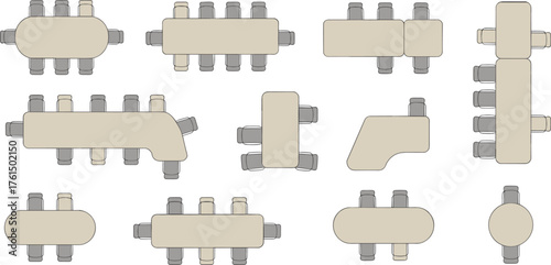 Pipe fittings, plumbing components, manifold connectors, fluid distribution, HVAC design, mechanical layout, cylindrical ports, engineering parts, industrial elements, system planning, connector 