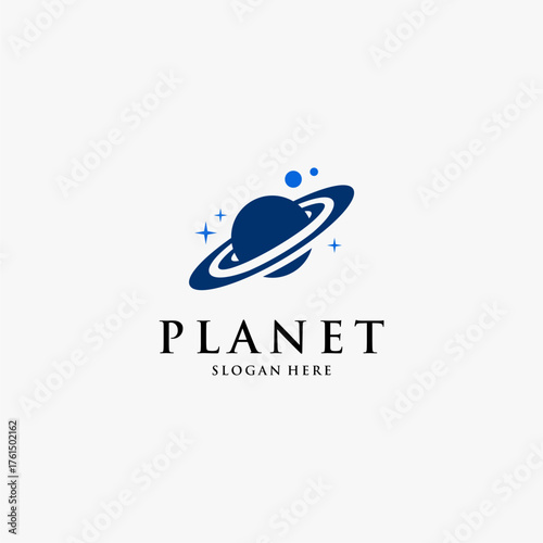 planet logo design with orbital ring and stars