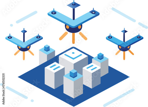 Isometric drone fleet synchronized operations vector illustration scalable eps