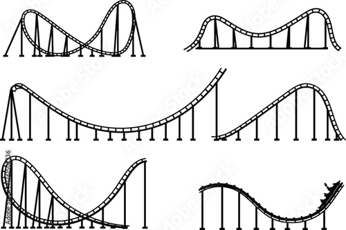 Roller coaster silhouette, amusement park ride, track layout, thrill loops, passenger train, black shapes, entertainment structure, ride dynamics, white background, fun attraction