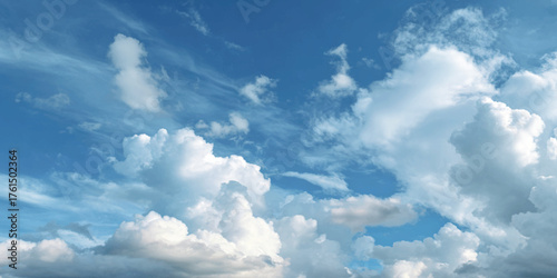 Bright summer day sky filled with beautiful cumulus and cirrus clouds, a perfect background for weather and nature concepts.