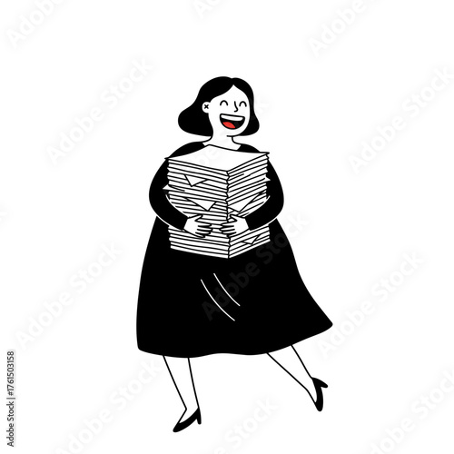 Happy plus-size woman holding a stack of papers in a joyful design