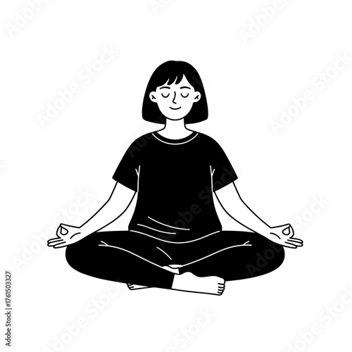 Happy plus-size woman in comfortable clothes meditating in a peaceful design