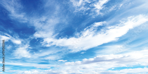 Bright summer day sky filled with beautiful cumulus and cirrus clouds, a perfect background for weather and nature concepts.