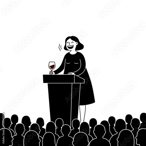 Happy plus-size woman giving a congratulatory speech on stage with a glass of wine in a cheerful design