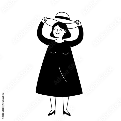 Happy plus-size woman trying on a hat in a minimalist design
