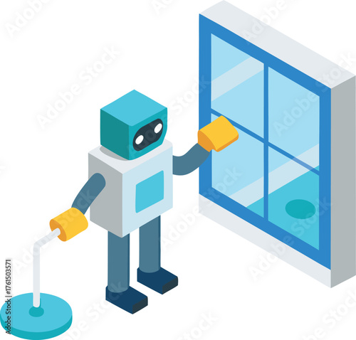 Isometric robot window cleaner vector illustration clean glass modern automation technology