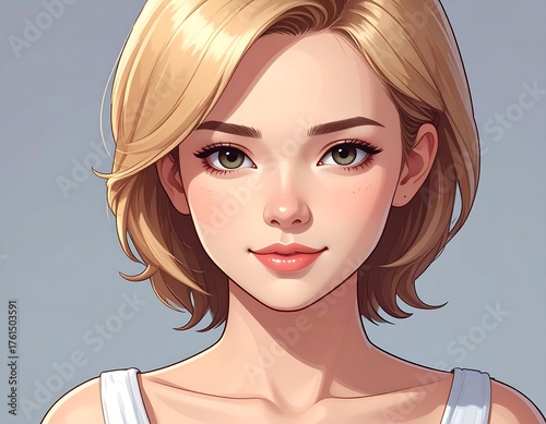 Digital portrait of a young woman with fair skin, rosy cheeks, and short blonde hair, smiling subtly at the viewer against a plain grey background