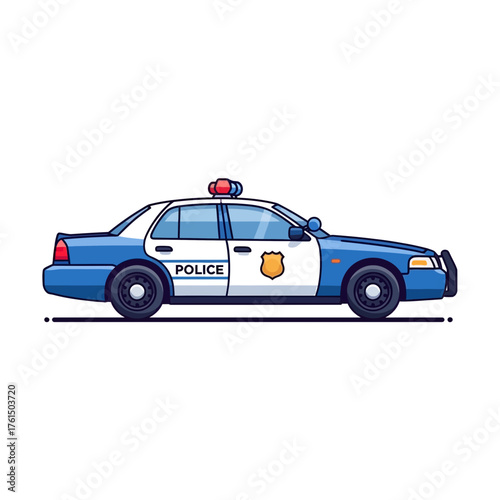 A cartoon illustration of a classic blue and white police car with flashing lights on top.