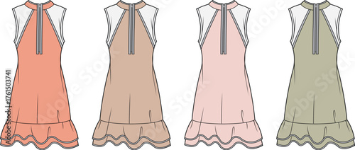 Women's sleeveless high-neck zip dress with ruffled hem in four color options. Vector fashion flat technical drawing for apparel design