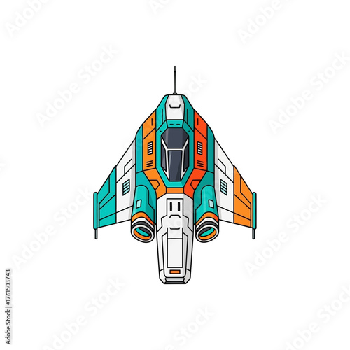 Top-down view of a futuristic spaceship illustration with teal and orange accents, featuring a sleek design and powerful engines.