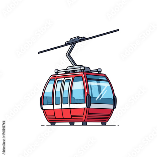 Illustration of a red cable car with a black cable on a white background.