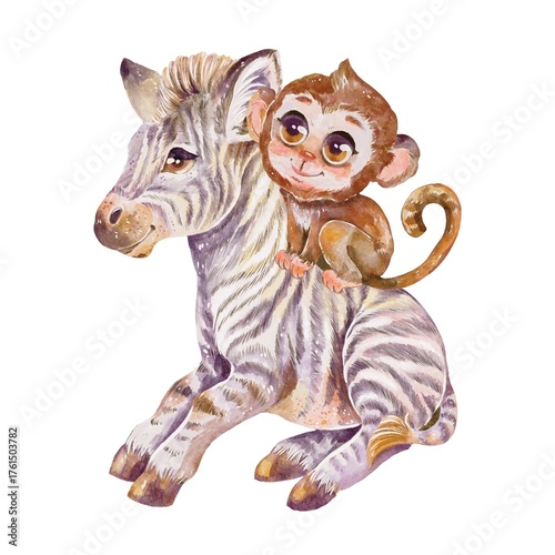 Canvas Print Cute little monkey sitting on baby zebra, safari animals in soft monochrome beige tones
