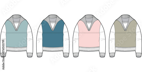 Collection of four knitted sweater vests in pastel colors with V-necklines and ribbed cuffs, displayed against a white background