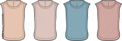 Collection of versatile women's sleeveless tops in a range of soft pastel colors, presented as flat lay technical fashion illustrations for apparel design and textile development templates