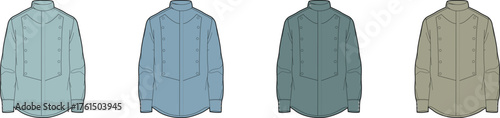 A collection of men's long-sleeved button-up collared shirts, presented as a set in various muted and earthy color tones
