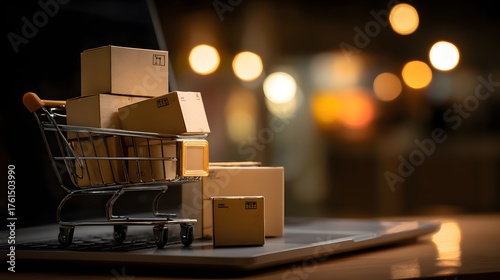 Shopping cart filled with parcels rests on a laptop keyboard.