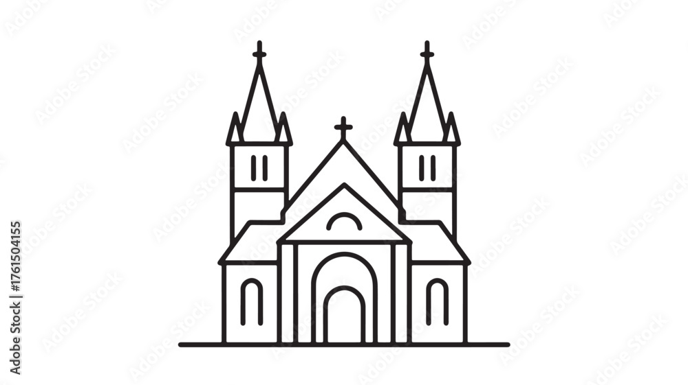 Obraz premium Elegant line art illustration of a grand cathedral with twin spires and a cross.