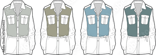 Set of four distinct colored safari shirts with multiple pockets and button closures presented in a clean illustration