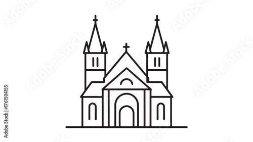 Elegant line art illustration of a grand cathedral with twin spires and a cross.