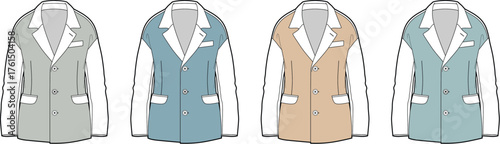 Vector collection of men's single-breasted blazers with a two-tone color block design, presented as a fashion flat sketch template for apparel