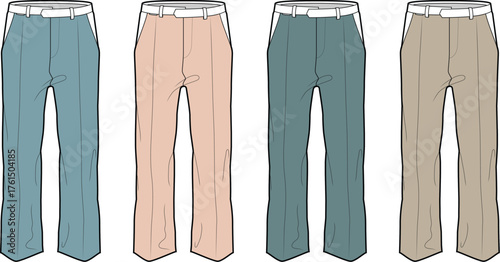 Vector illustration set featuring versatile women's high-waisted trousers in a variety of contemporary colors, ideal for fashion design, apparel concepts, and seasonal style collections