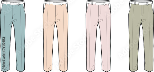 Collection of four stylish casual pants in different pastel colors, perfect for everyday wear