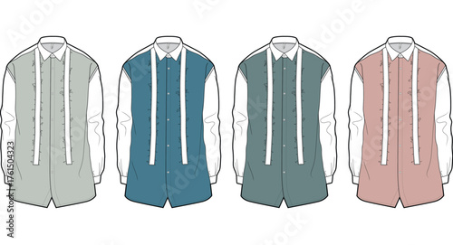 Set of men's long-sleeve button-up shirts with color block panels and strap details in multiple colorways. Fashion flat technical drawing for apparel design
