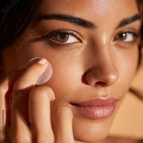 A Latina teen applies a pimple patch to her cheek. Close-up highlights her natural skin tone and warm undertones.