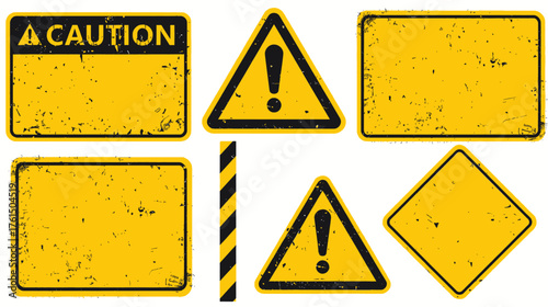 A collection of various yellow caution signs and warning symbols, with weathered textures and isolated on a white background, representing potential hazards.